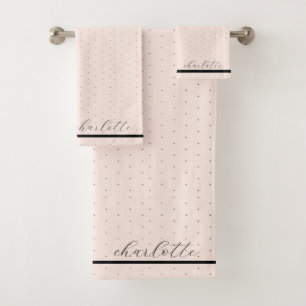 Cute Modern Elegant Script Name Blush Pink Dotted Bath Towel Set