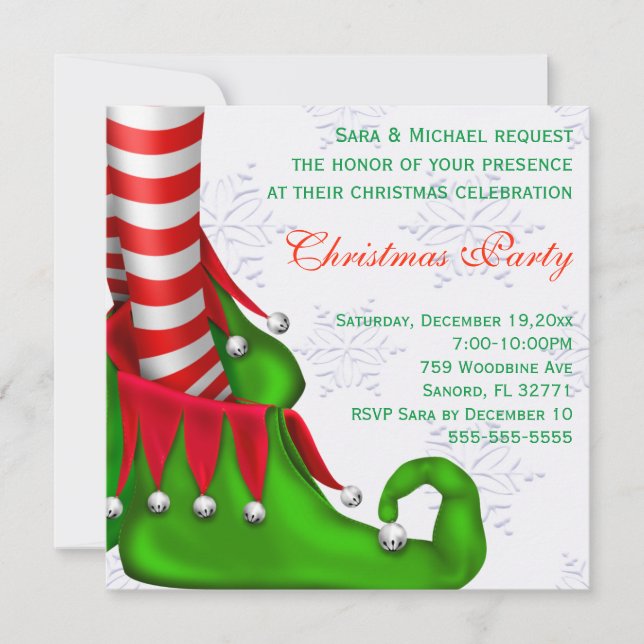 Cute Modern Elf Shoe Christmas Party Invitation (Front)