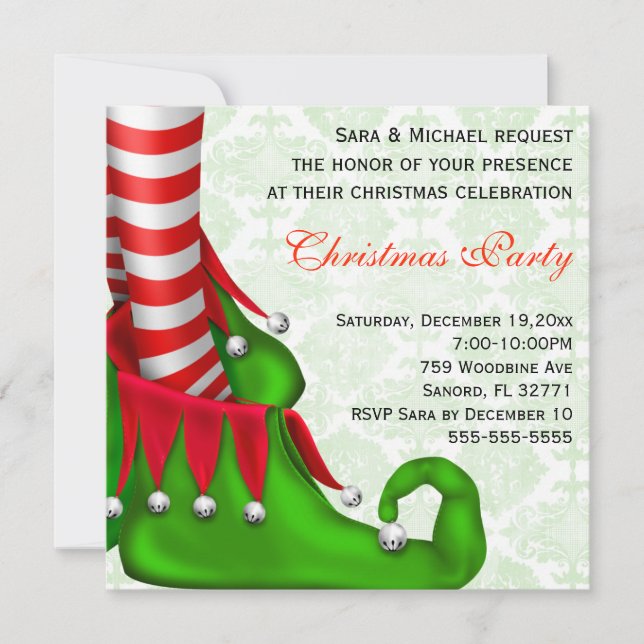 Cute Modern Elf Shoe Christmas Party Invitation (Front)