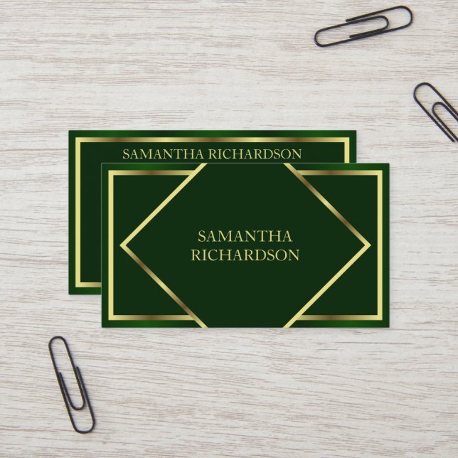 Cute Modern Emerald Green And Gold Professional Business Card (Front/Back In Situ)