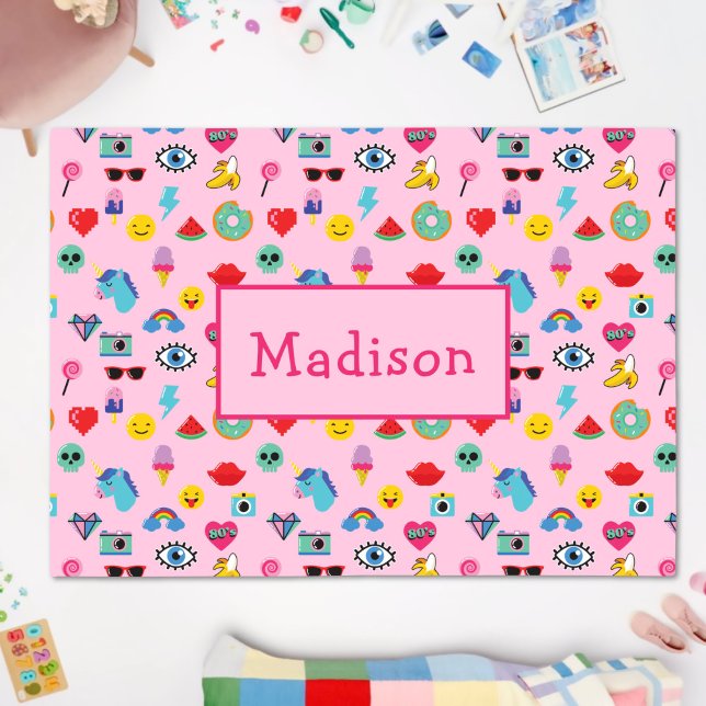 Cute Modern Emoji 80s Icons Girls Pink + Name Outdoor Rug (Creator Uploaded)