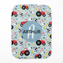 Cute Modern Farm Animal Tractor Pattern Name Baby Burp Cloth