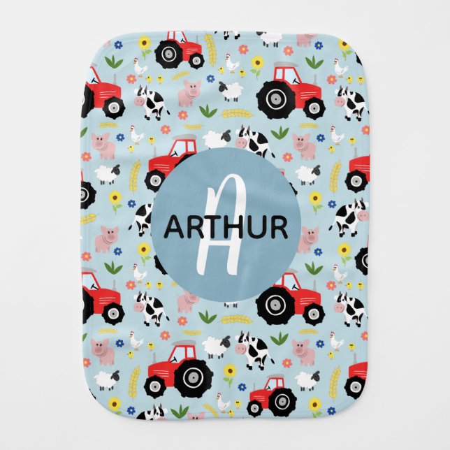 Cute Modern Farm Animal Tractor Pattern Name Baby Burp Cloth (Front)