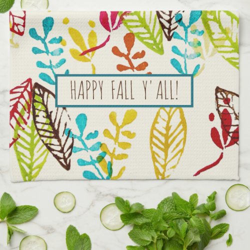 Cute Modern Farmhouse Trendy Colorful Fall Leaves Kitchen Towel