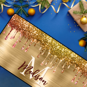 Cute modern Faux gold Glitter Drips monogram Desk Mat