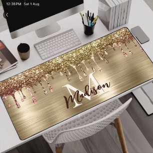 Cute modern Faux gold Glitter Drips monogram Desk Mat