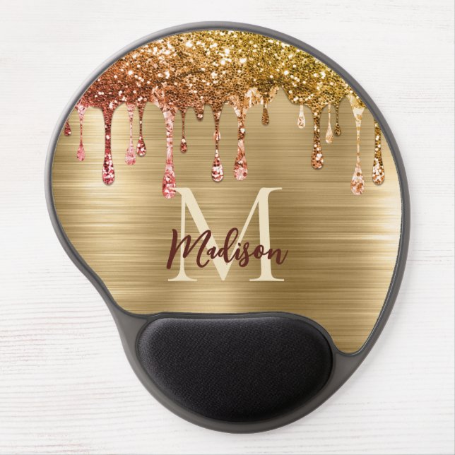 Cute modern Faux gold Glitter Drips monogram Gel Mouse Pad (Front)