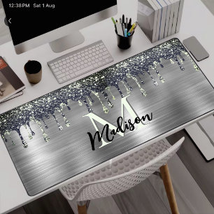 Cute modern Faux silver Glitter Drips monogram Desk Mat