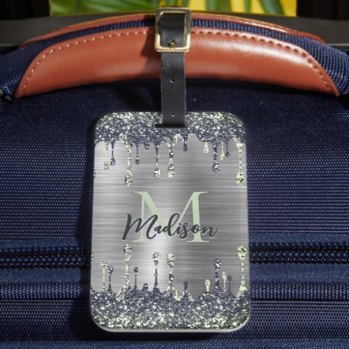 Cute modern Faux silver Glitter Drips monogram Luggage Tag