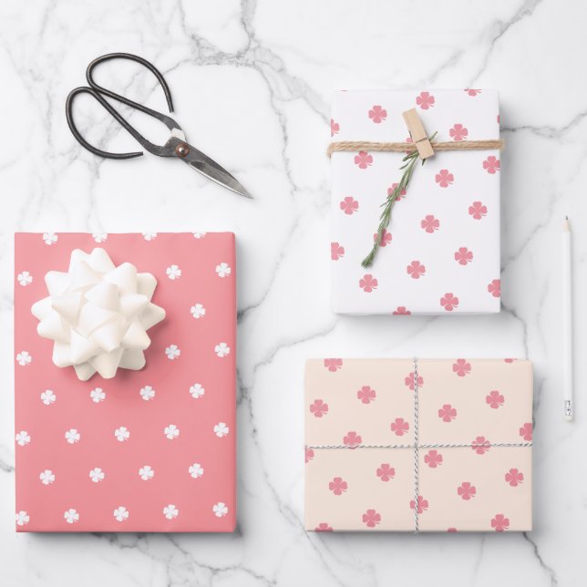 Cute Modern Festive Pink Lucky Clover Pattern  Wrapping Paper Sheets (Front)