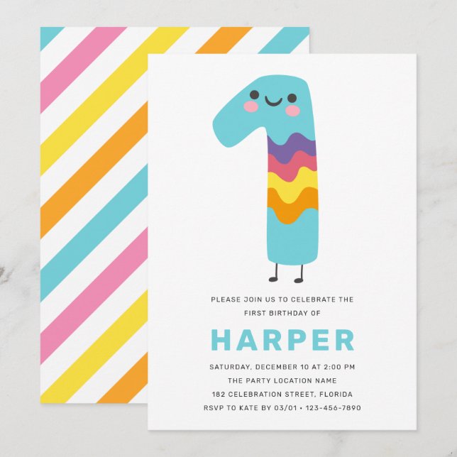 Cute Modern First Birthday - 1st Birthday Invitation (Front/Back)