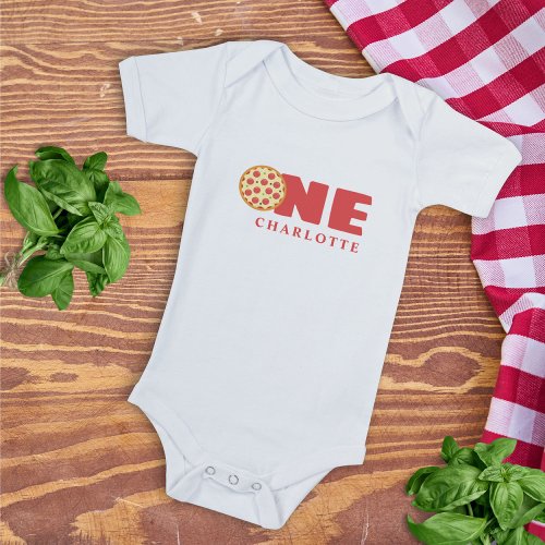 Cute Modern First Birthday Pizza Party Custom Name Baby Bodysuit