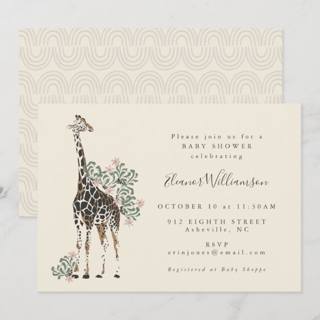 Cute Modern Floral Giraffe Simple Baby Shower  Invitation (Front/Back)
