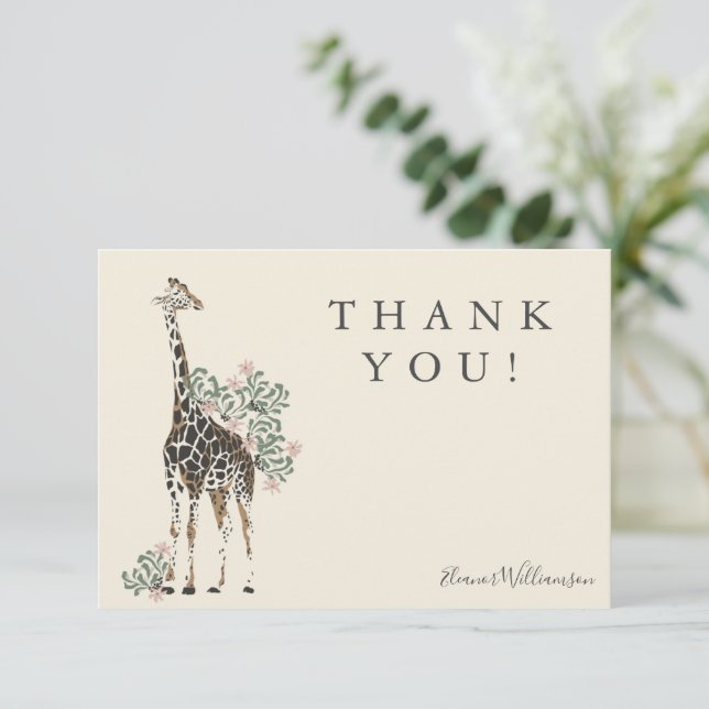 Cute Modern Floral Giraffe Simple Baby Shower Name Thank You Card (Standing Front)