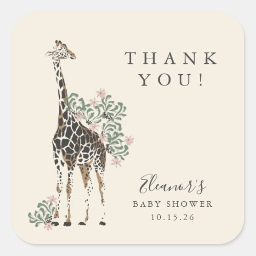 Cute Modern Floral Giraffe Simple Baby Shower Square Sticker