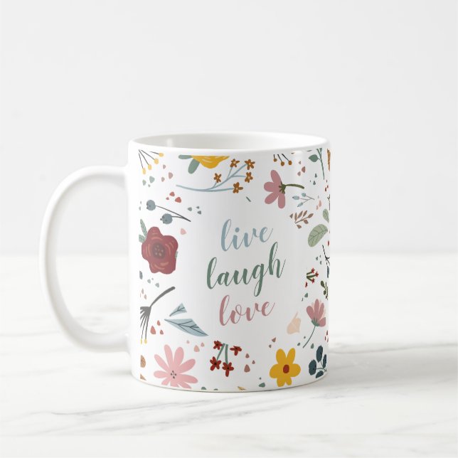 Cute Modern Floral Live Laugh Love Personalized Coffee Mug (Left)