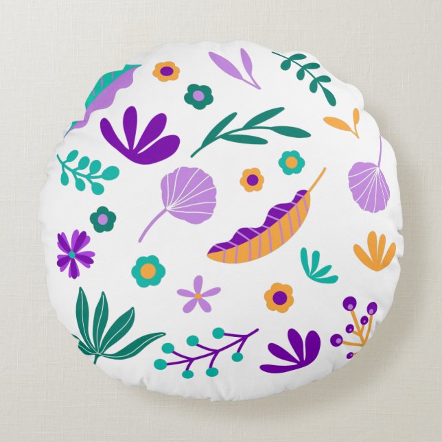 Cute Modern Flowers and Leaves Round Pillow (Front)