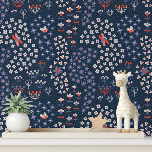 Cute Modern Flowers Butterfly Blue White Pattern Wallpaper