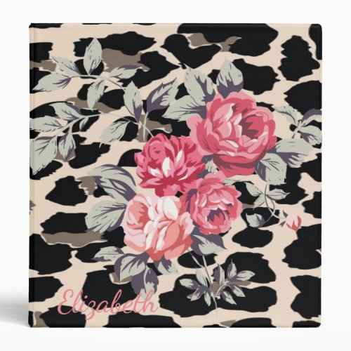 Cute  Modern Flowers On Leopard Print_Personalized 3 Ring Binder