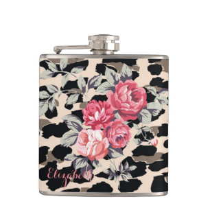 Cute Modern Flowers On Leopard Print-Personalized Flask