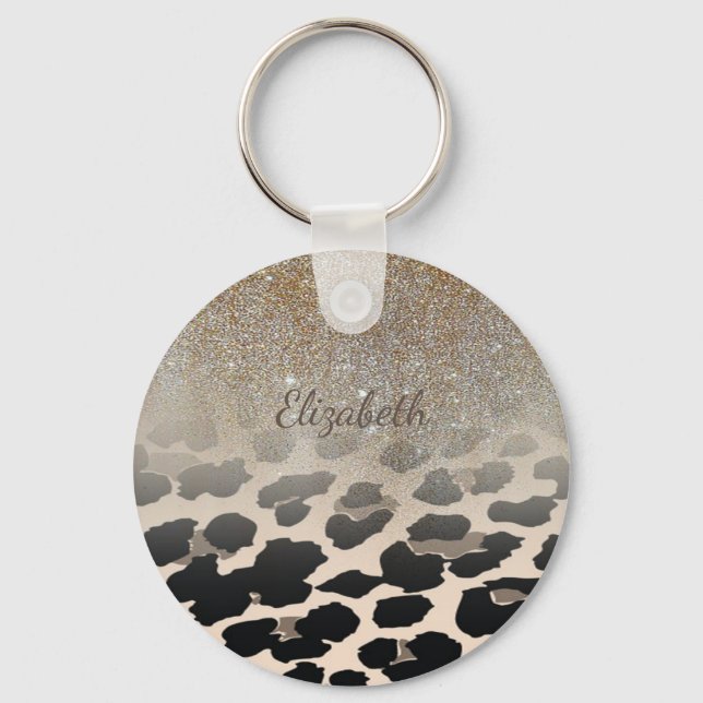 Cute  Modern Flowers On Leopard Print-Personalized Keychain (Front)