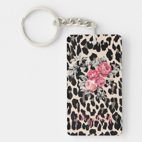 Cute  Modern Flowers On Leopard Print_Personalized Keychain