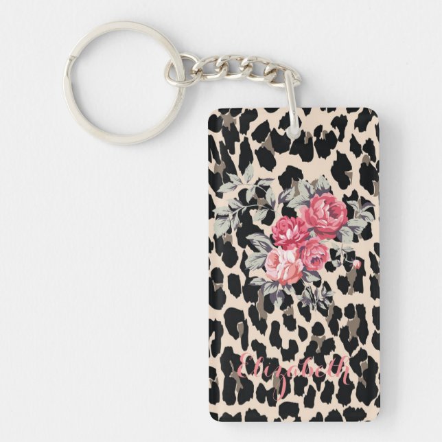 Cute  Modern Flowers On Leopard Print-Personalized Keychain (Front)