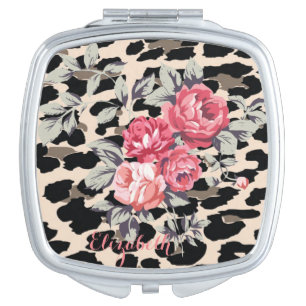 Cute  Modern Flowers On Leopard Print-Personalized Makeup Mirror