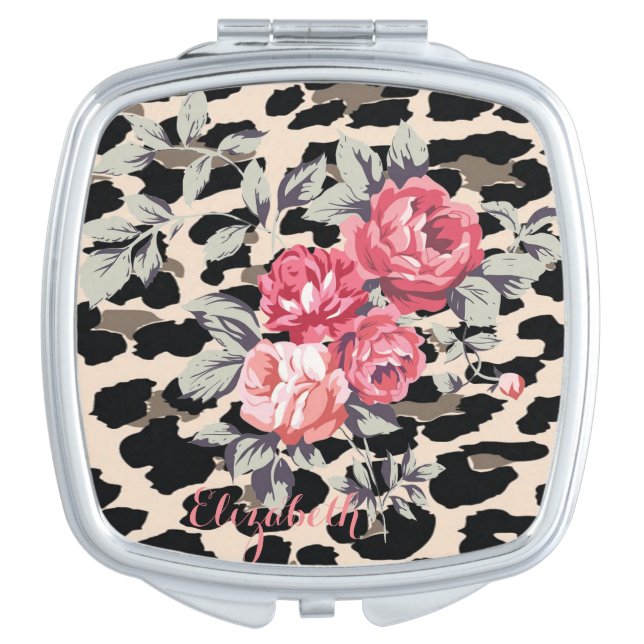 Cute  Modern Flowers On Leopard Print-Personalized Makeup Mirror (Front)