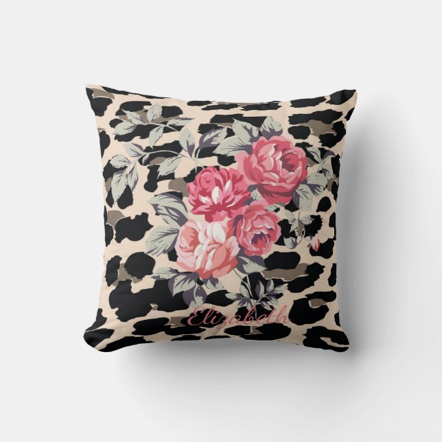 Cute  Modern Flowers On Leopard Print-Personalized Throw Pillow (Front)