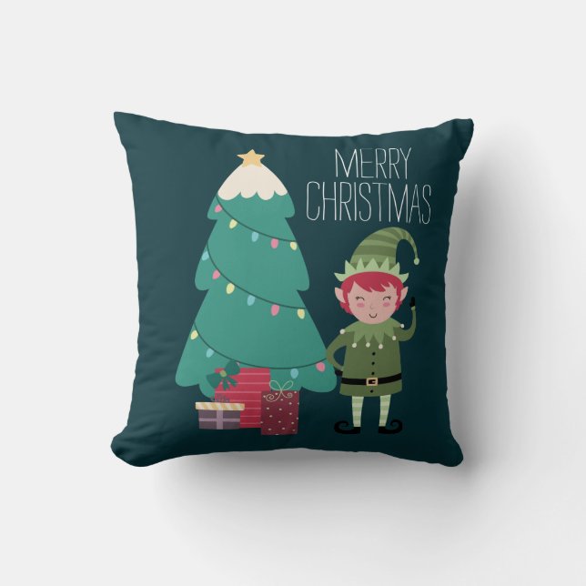 Cute Modern Funny Modern Christmas Elf Tree Gift Throw Pillow (Front)