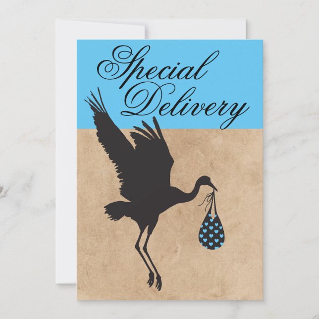 Cute Modern Funny Stork Baby Boy Shower Invitation (Front)