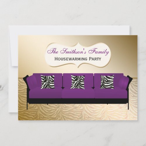 gold, zebra stripes, chic Purple sofa, mod invites