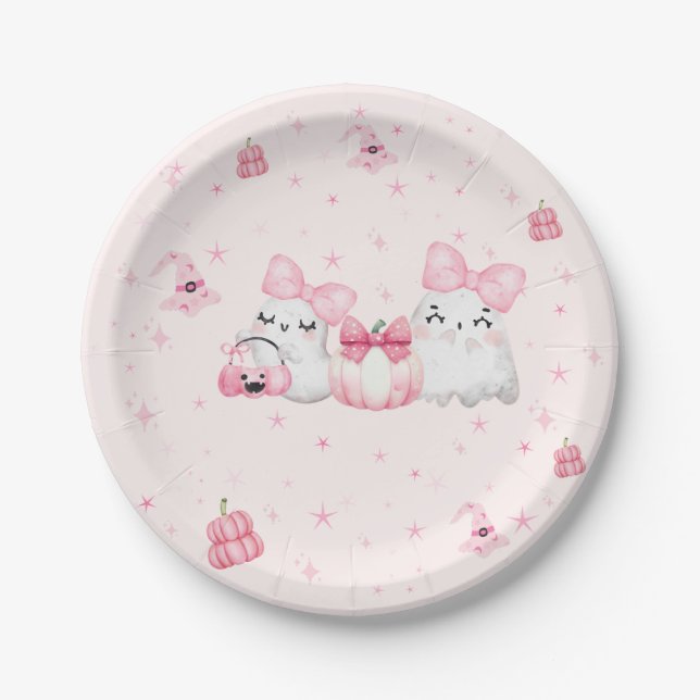 Cute Modern Ghost Halloween Birthday Party Pink Paper Plates (Front)