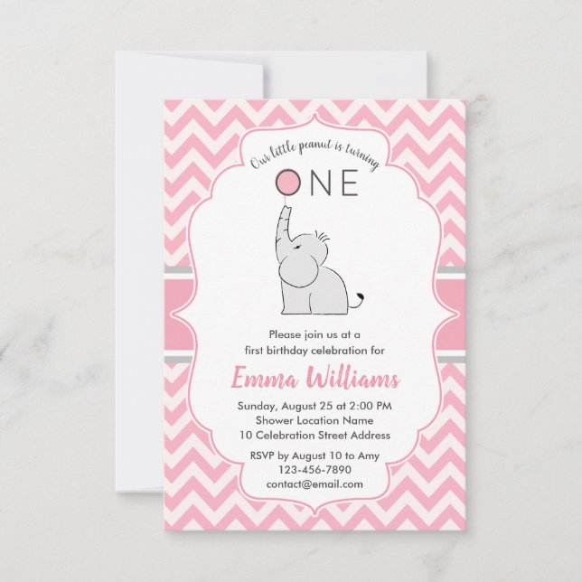 Cute Modern Girl Pink Gray Elephant 1st Birthday Invitation (Front)