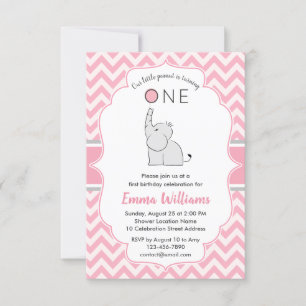 Cute Modern Girl Pink Gray Elephant 1st Birthday Invitation
