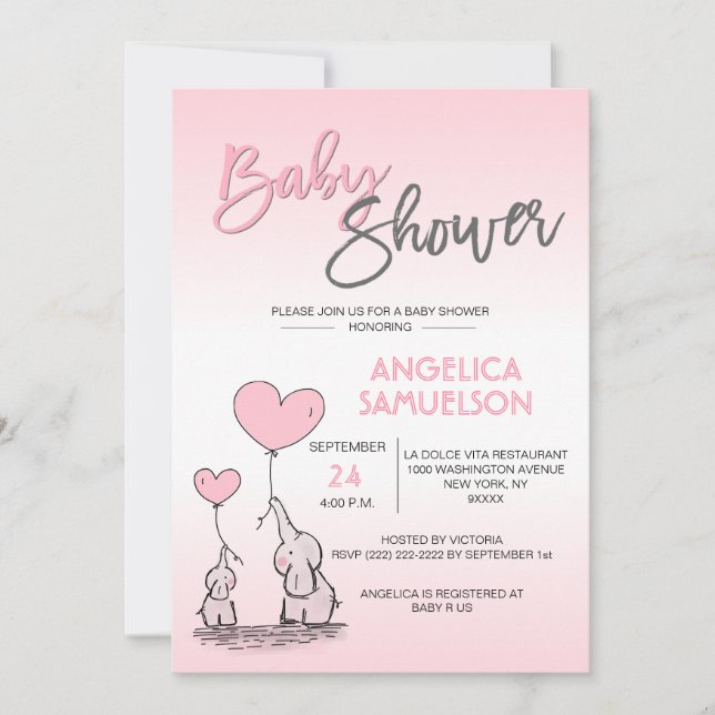 Cute Modern GIRL Pink Mommy Elephant & Baby Shower Invitation (Front)