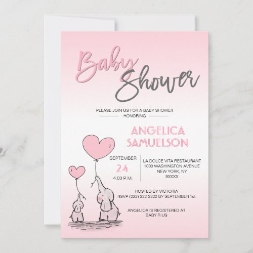 Cute Modern GIRL Pink Mommy Elephant  Baby Shower Invitation