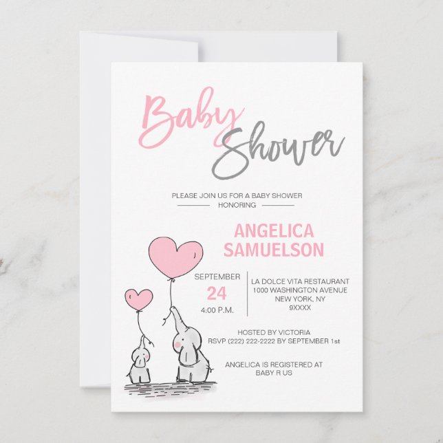 Cute Modern GIRL Pink Mommy Elephant & Baby Shower Invitation (Front)