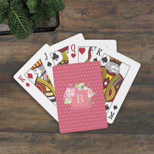 Cute Modern Girly Chic Monogrammed Floral Pink Poker Cards