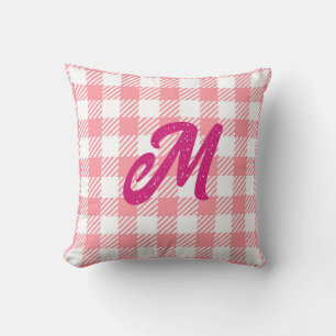 Cute Modern Girly Gingham Plaid Hot Pink Monogram Throw Pillow