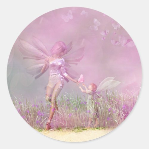 Cute Modern Girly Pink Butterfly Fairies Classic Round Sticker