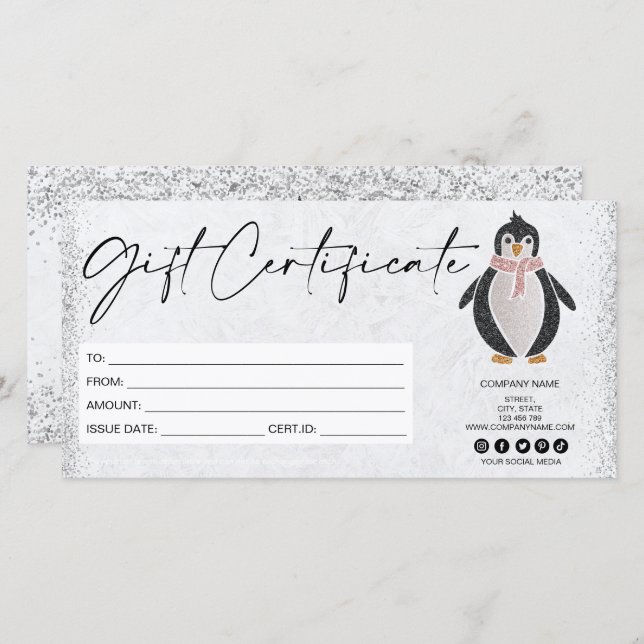 cute modern glitter penguin gift card certificate (Front/Back)