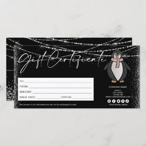 cute modern glitter penguin gift card certificate