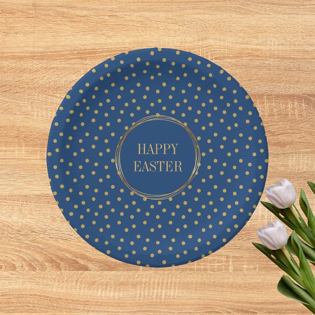 Cute Modern Gold Polka Dots Christian Happy Easter Paper Plates (Cute Modern Blue Gold Polka Dots Christian Happy Easter Paper Plates)