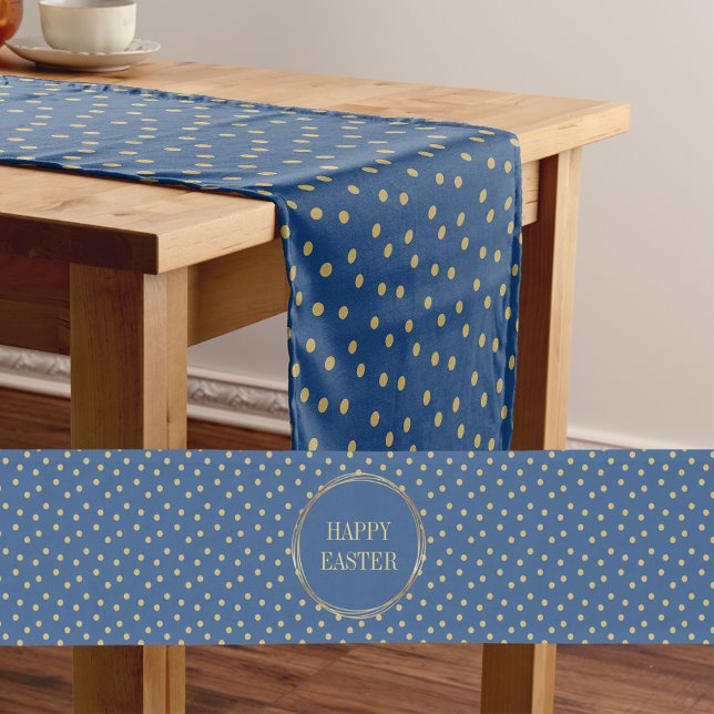 Cute Modern Gold Polka Dots Christian Happy Easter Short Table Runner (Cute Modern Blue Gold Polka Dots Christian Happy Easter Short Table Runner)