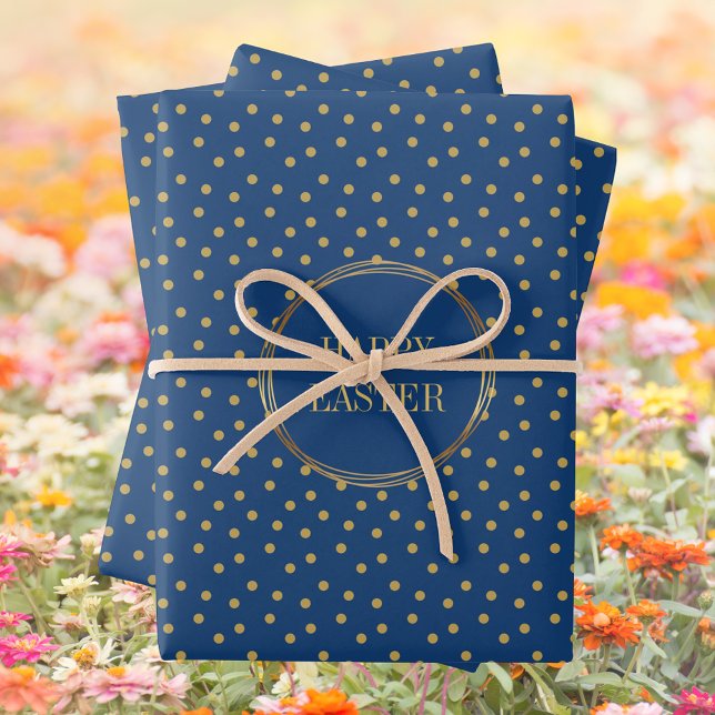 Cute Modern Gold Polka Dots Christian Happy Easter Wrapping Paper Sheets (Cute Modern Blue Gold Polka Dots Christian Happy Easter Wrapping Paper Sheets)