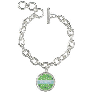 Cute modern green curly leaves pattern monogram charm bracelet