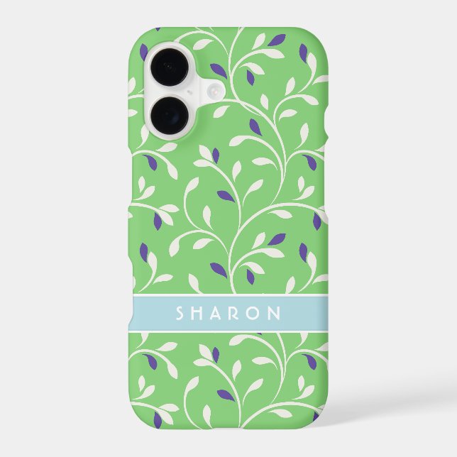 Cute modern green curly leaves pattern monogram iphone case (Back)