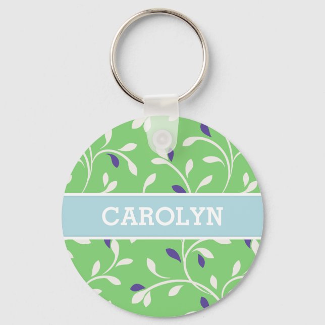 Cute modern green curly leaves pattern monogram keychain (Front)